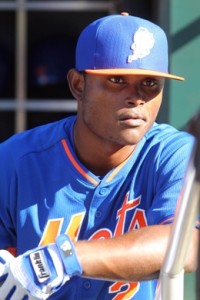 Aug 29, 2014; New York, NY, USA; New York Mets second baseman Dilson Herrera (2) in the dugout during batting practice before the start of a game against the Philadelphia Phillies at Citi Field. Herrera is set to make his MLB debut tonight. Mandatory Credit: Brad Penner-USA TODAY Sports