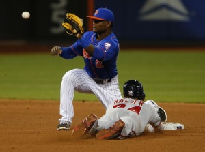 May 1, 2015; New York City, NY, USA;New York Mets second baseman Dilson Herrera (2) tags Washington Nationals relief pitcher Casey Janssen (44) for an out a second base in the sixth inning at Citi Field. Mandatory Credit: Noah K. Murray-USA TODAY Sports